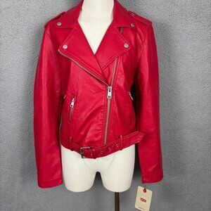 Levi Strauss & Co. Women's Red Faux Leather Moto Jacket Belted Zip Front NWT's.